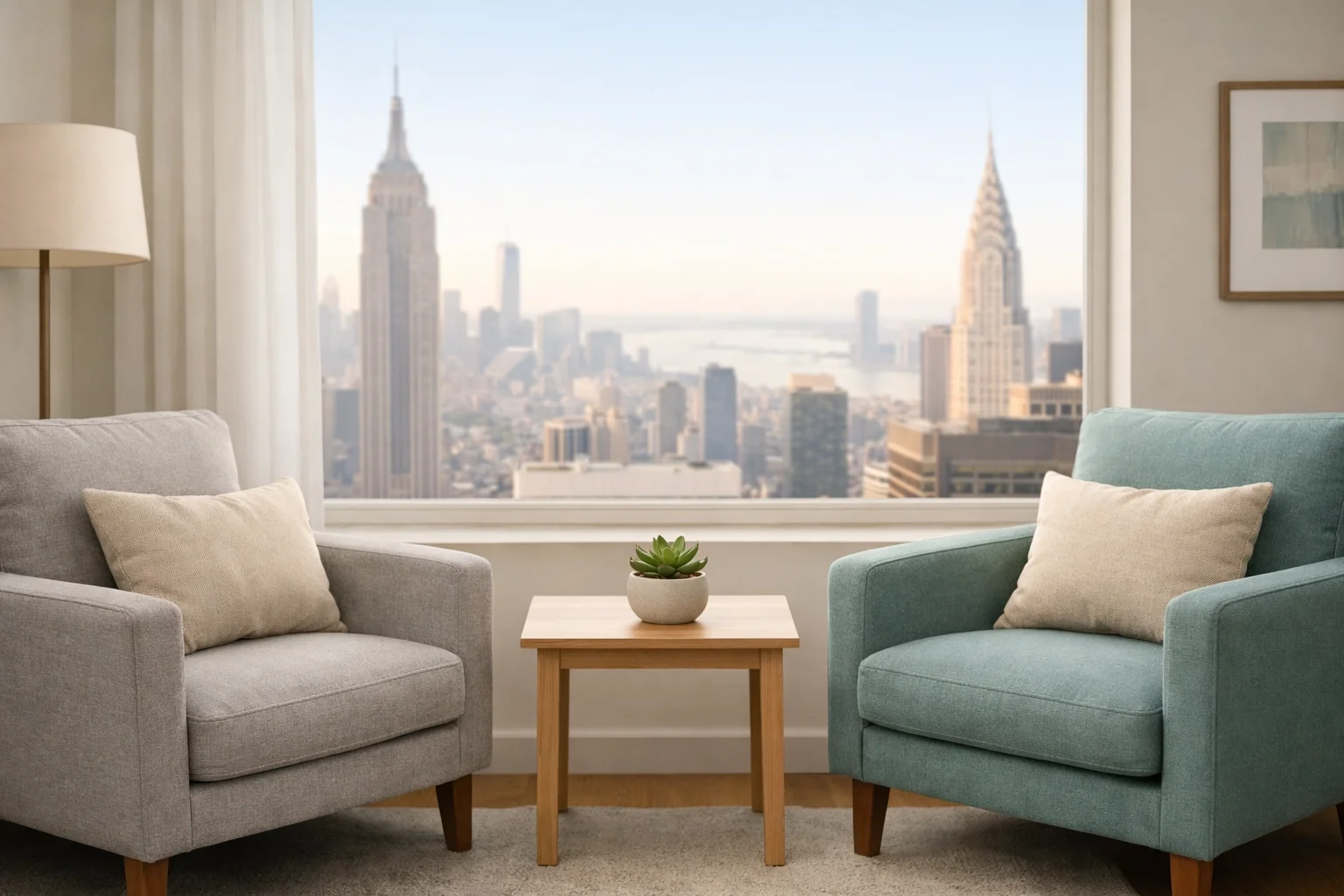 A peaceful office setting in New York City where a professional adoption therapist meets families for counseling