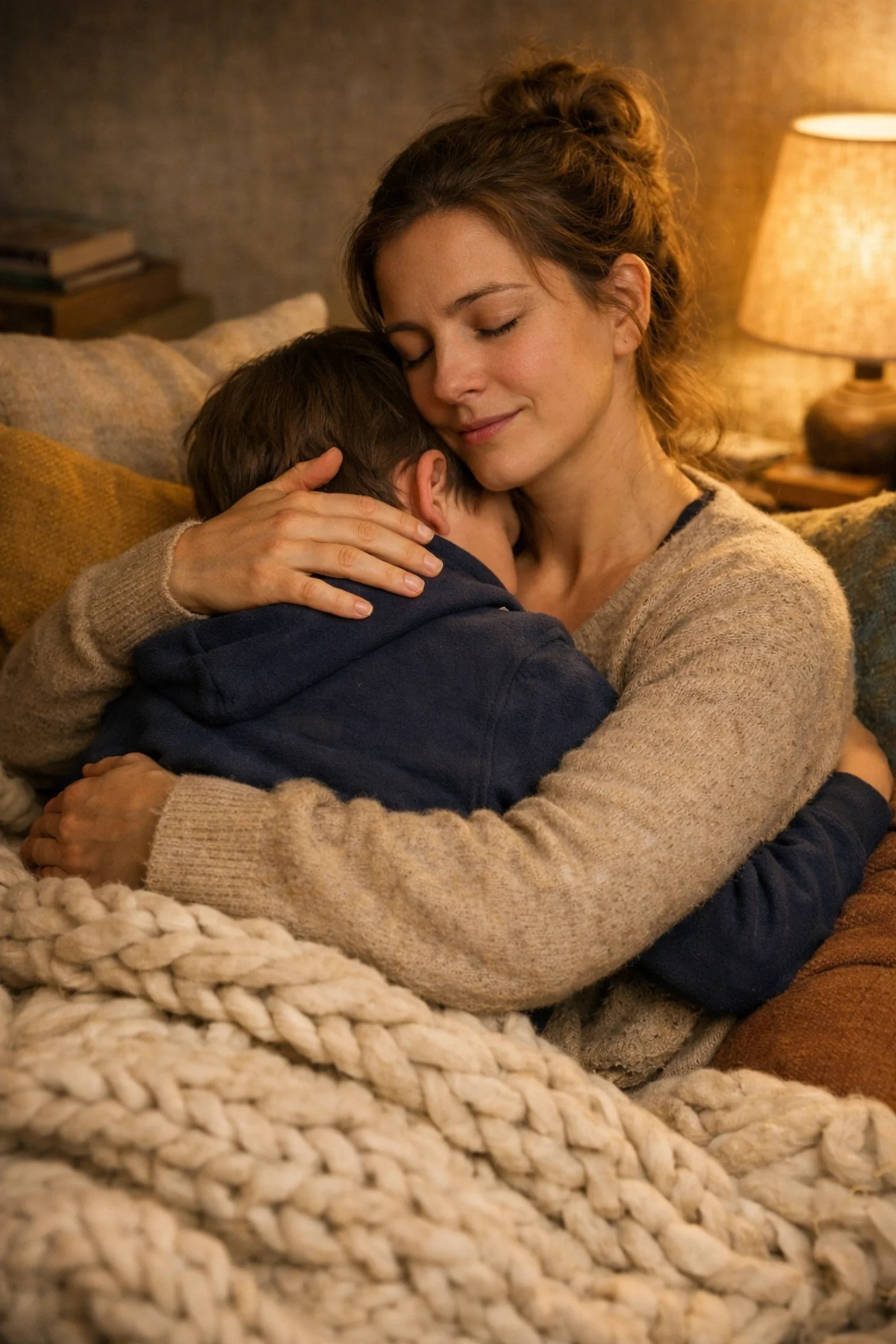 The power of repair in adoption- a mother and child sharing a comforting hug in a cozy NYC reading nook.