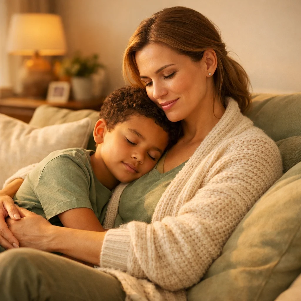 An adoptive mother in NYC practicing calm co-regulation techniques to help her child feel safe during an emotional outburst.