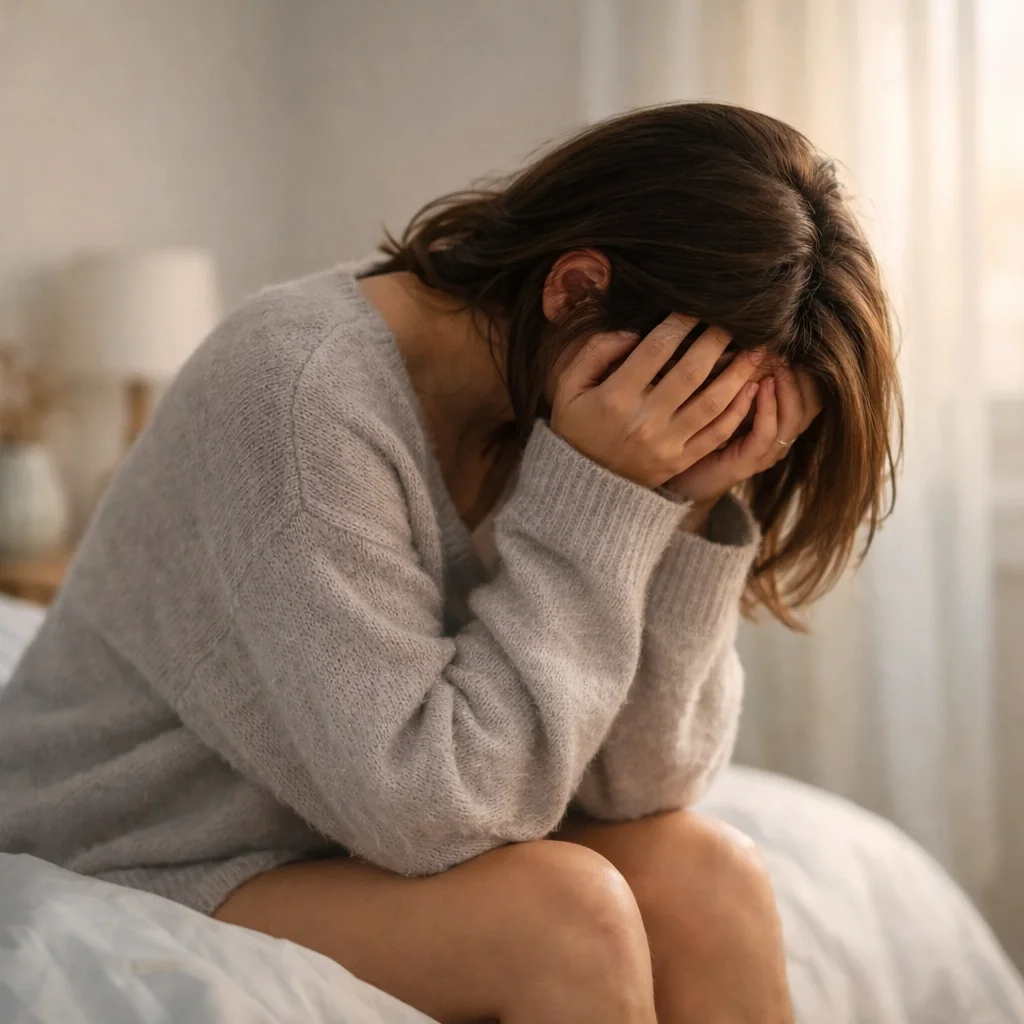 Woman struggling with postpartum depression and anxiety symptoms in NYC