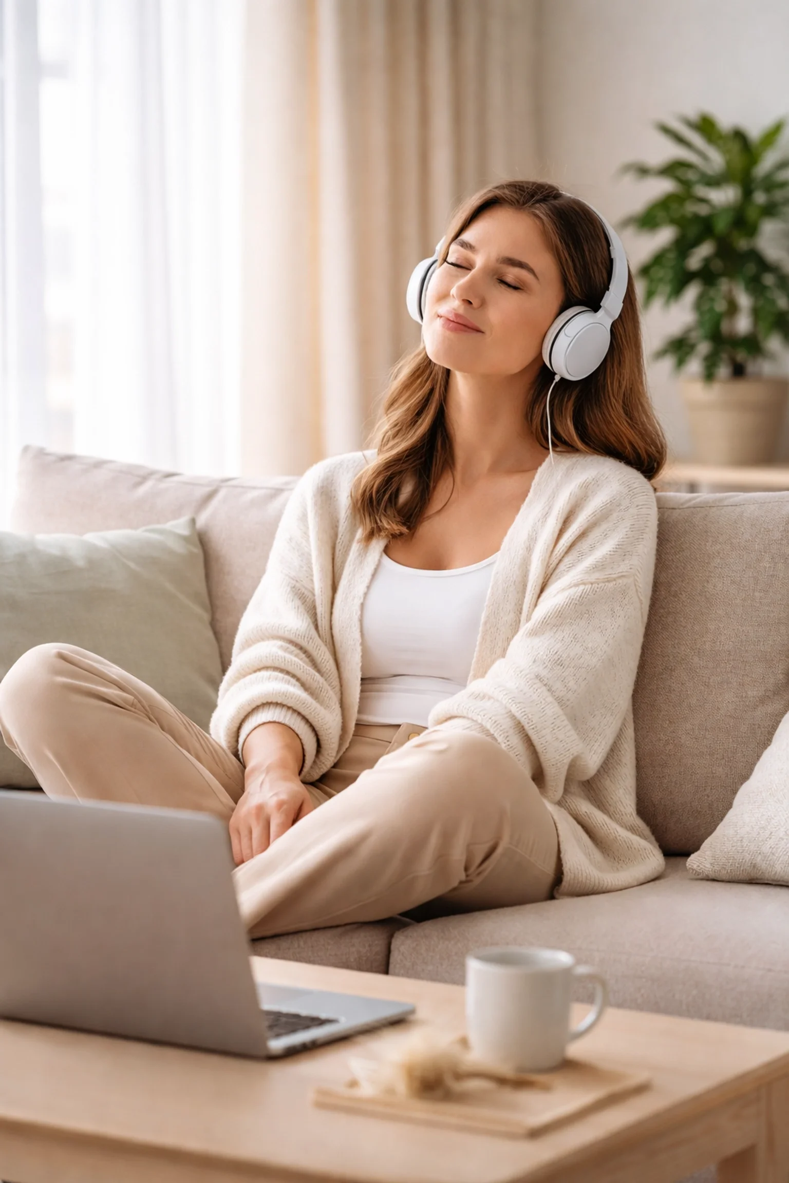 A woman relaxing on a couch with headphones during an online hypnotherapy session for anxiety in New York City, representing the comfort of virtual care.