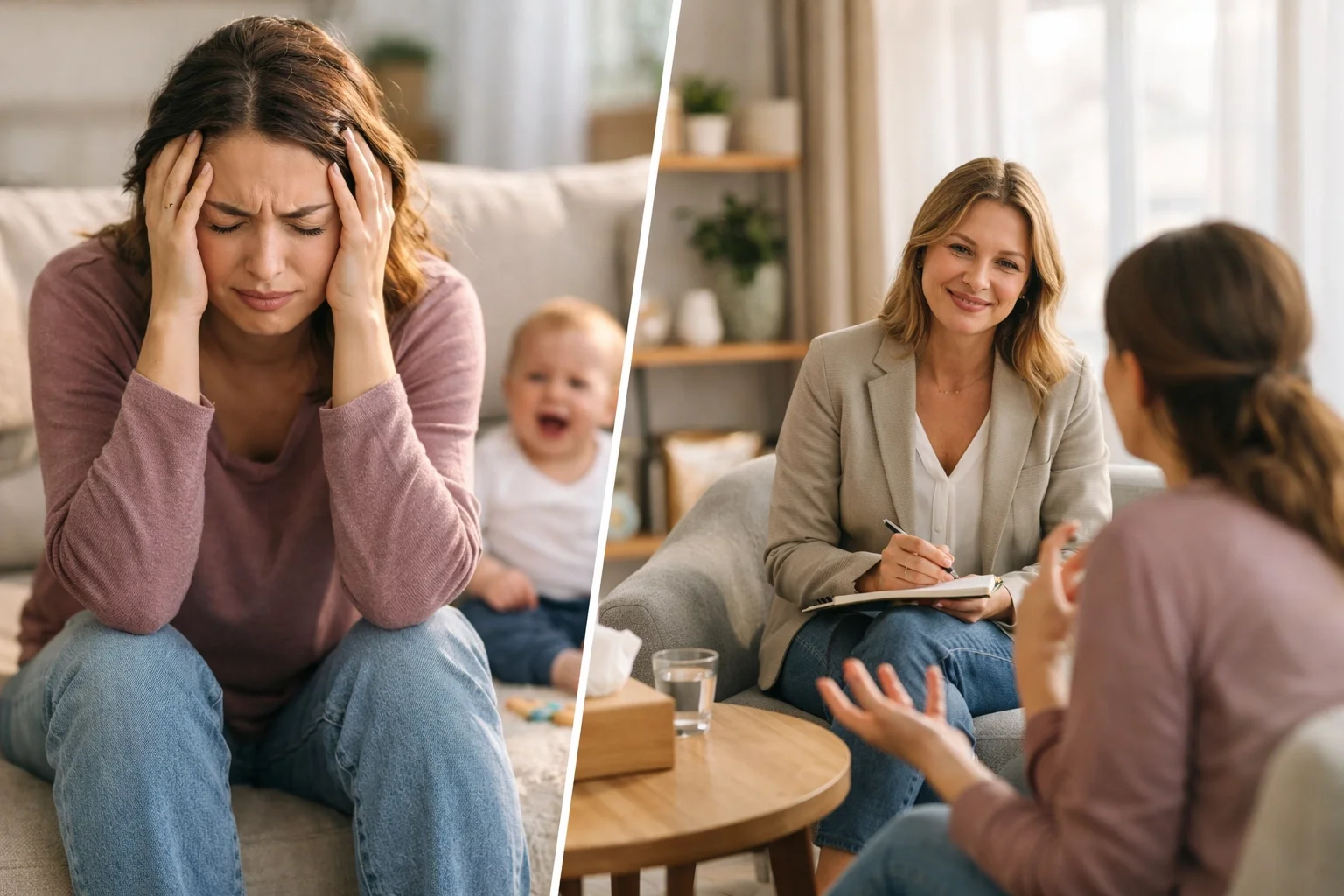 A stressed mother sitting in a dimly lit NYC apartment at night, looking overwhelmed while holding a crying infant