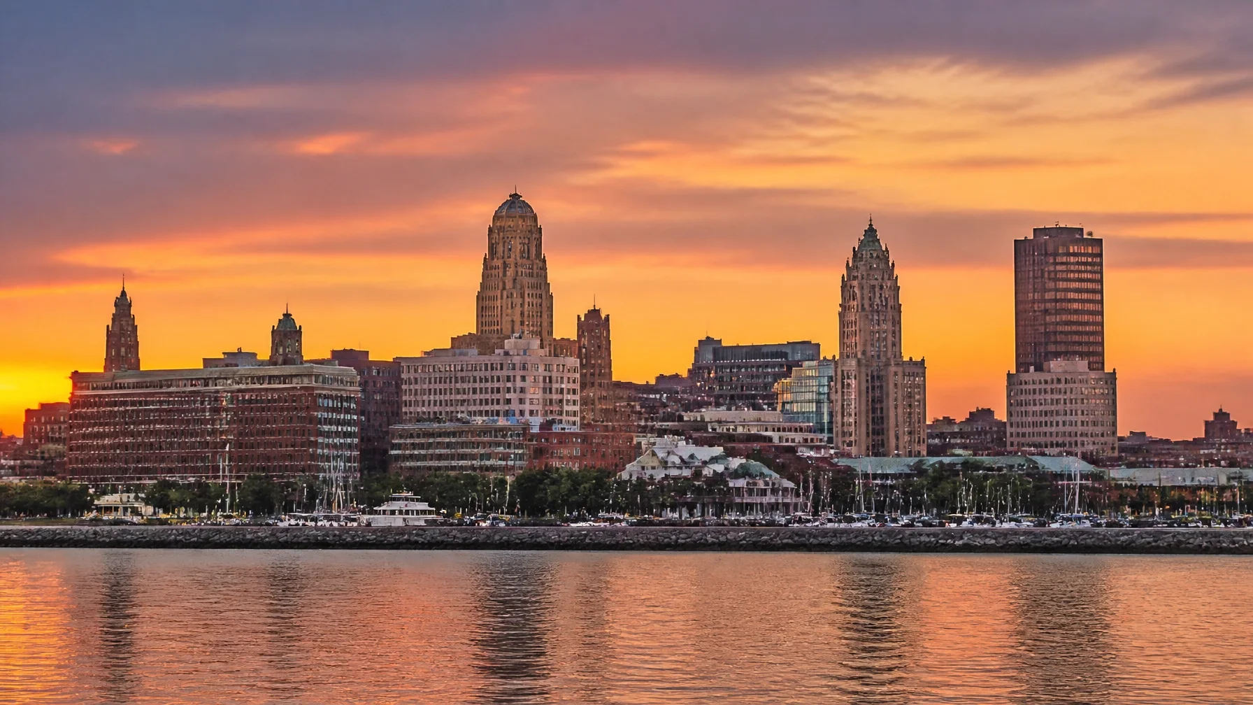 Buffalo New York skyline at sunset featuring the waterfront and historic architecture. Therapy for new moms