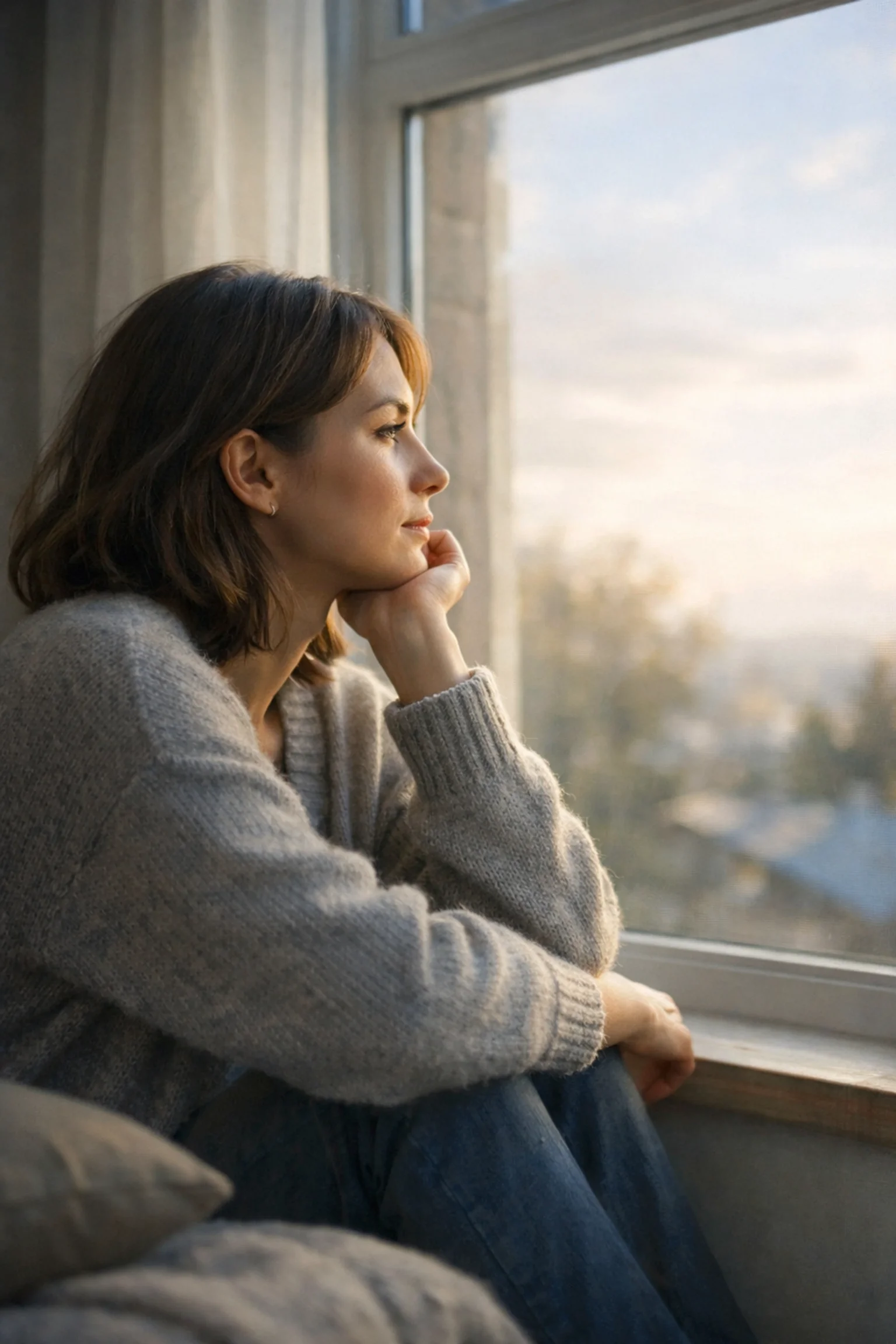 A thoughtful woman looking out a window during an online adoption therapy session, reflecting on her family's journey in NYC.