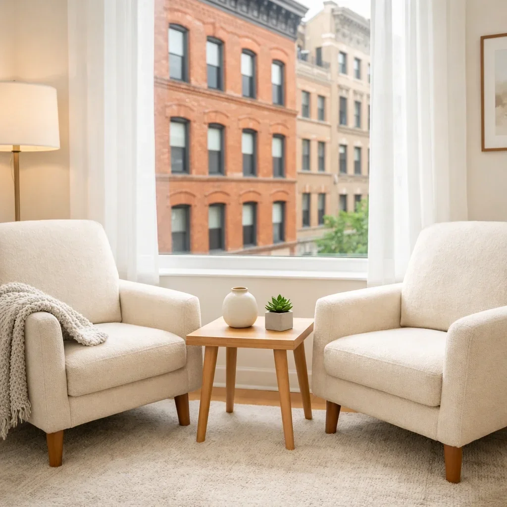 A warm, inviting therapy space with a comfortable chair and soft lighting, ready for a supportive conversation