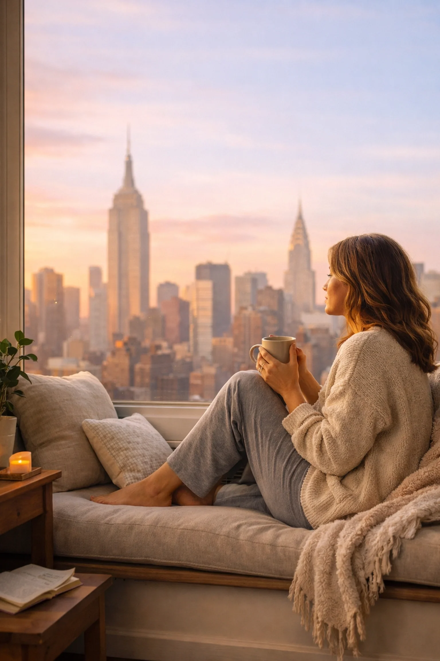 A serene view of the New York City skyline at sunrise from a window, representing a fresh start and hope