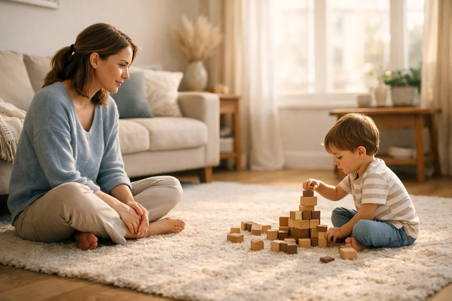 Empathic mother building secure attachment in adoption while watching her child play in a sunny room in NYC