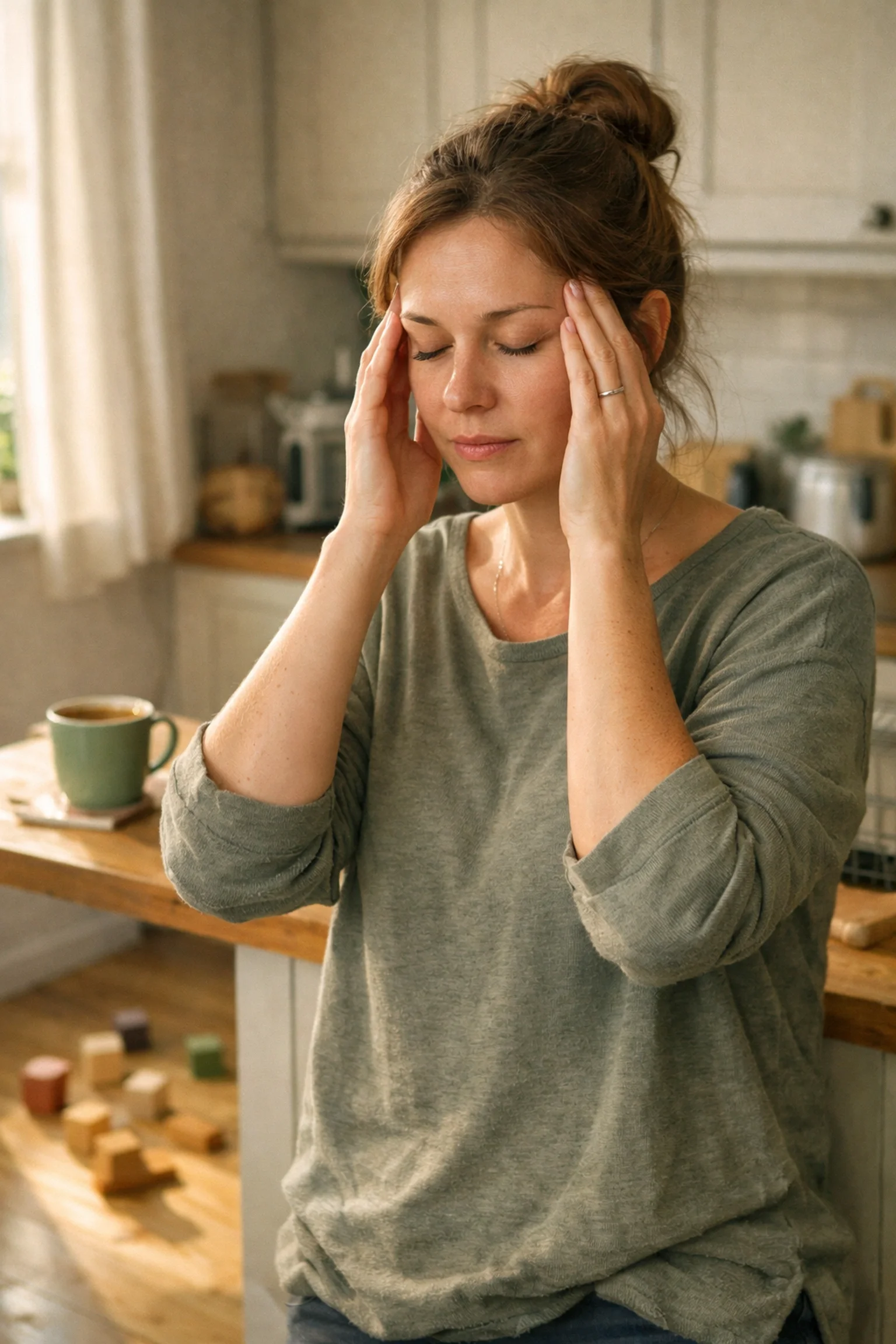 An overwhelmed mother in a NYC kitchen experiencing postpartum rage and sensory overload from household stress