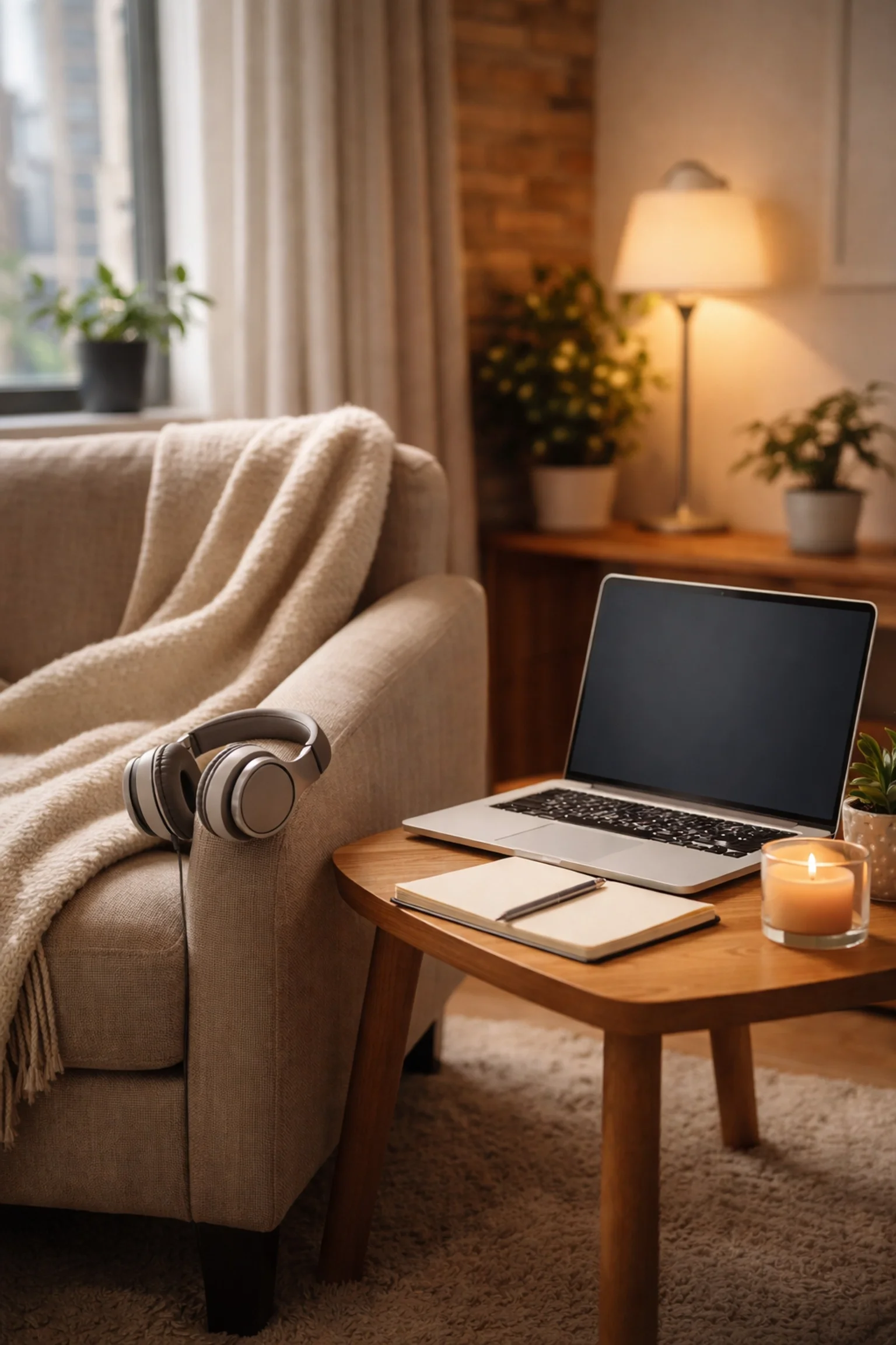 A comfortable home setup featuring a laptop and headphones, prepared for a private online clinical hypnosis session for anxiety in NYC.