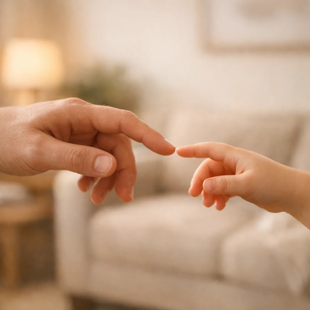 Two hands with fingers in NYC almost touching, symbolizing the delicate journey of building a secure attachment through online therapy for families