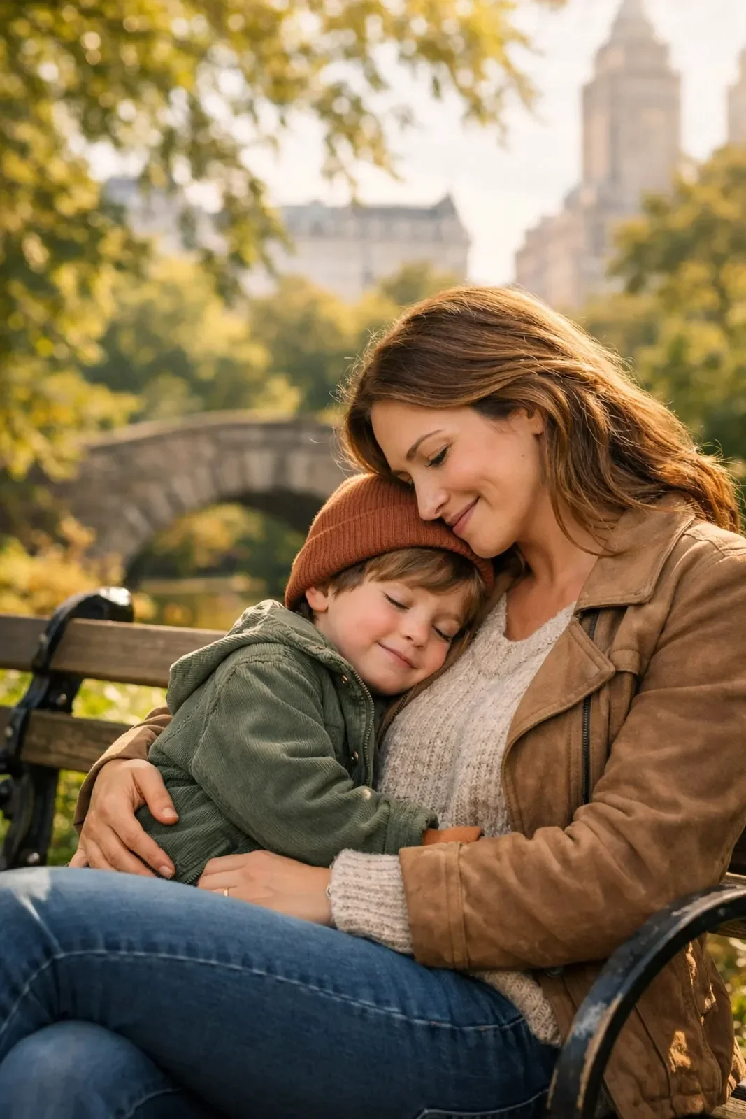 An adoptive mother and child sharing a quiet, connected moment in a New York City park, illustrating the goal of secure attachment