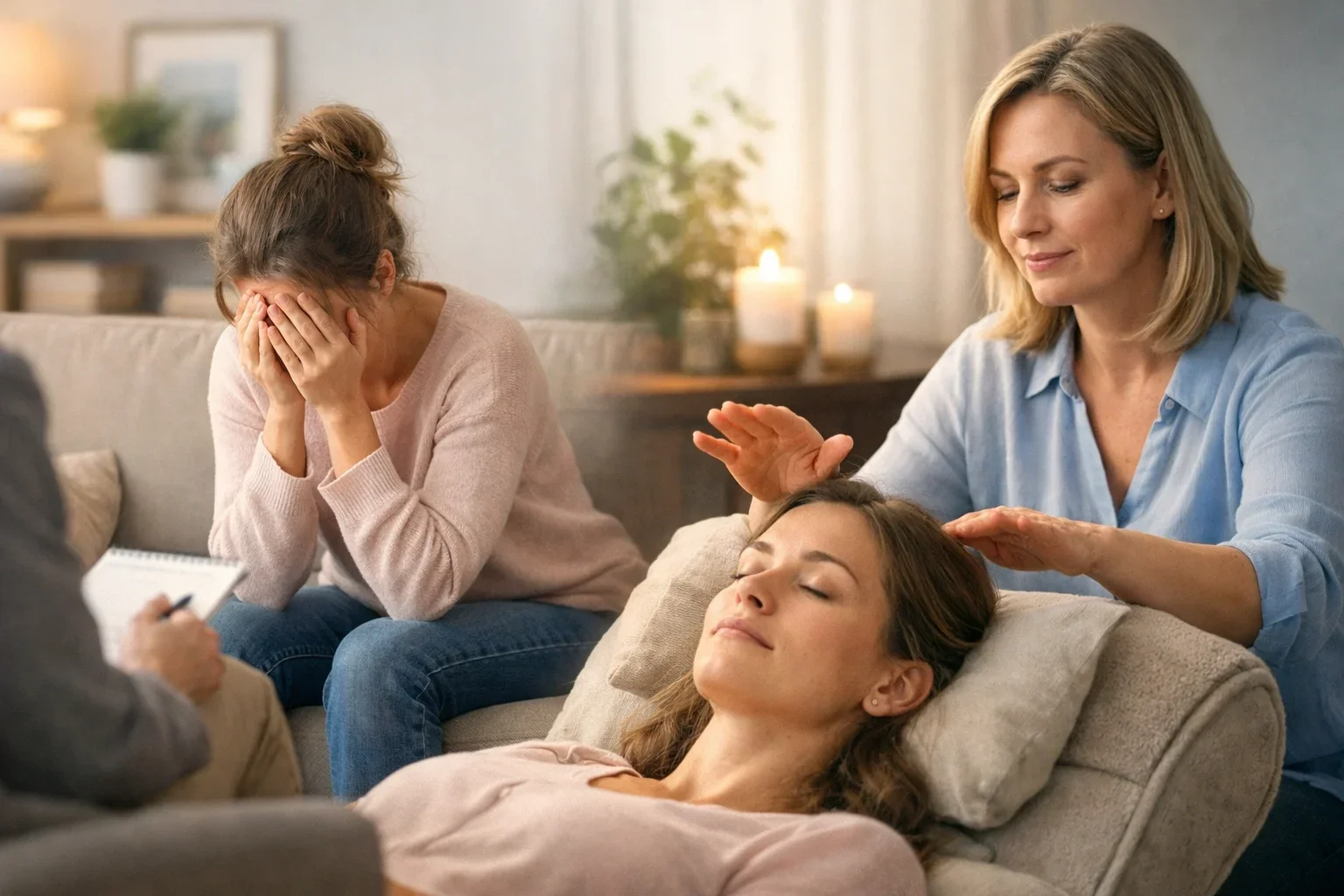 A calm, professional therapist sitting in a light-filled NYC office, offering a supportive and welcoming presence to a person seeking relief from anxiety