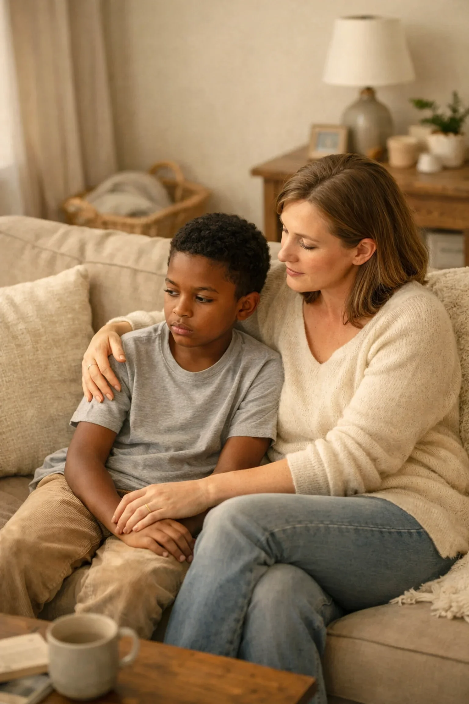 A mother and child in NYC sharing a quiet moment of connection in Stamford, illustrating the process of building a secure attachment in an adoptive family