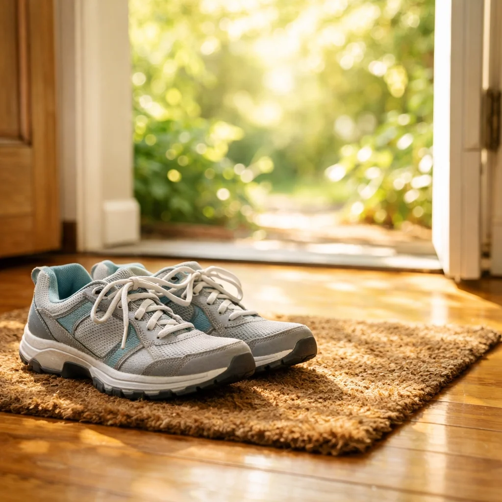 Pair of walking shoes by an open door in NYC, symbolizing self-care and movement as a strategy for postpartum recovery and mood stability.
