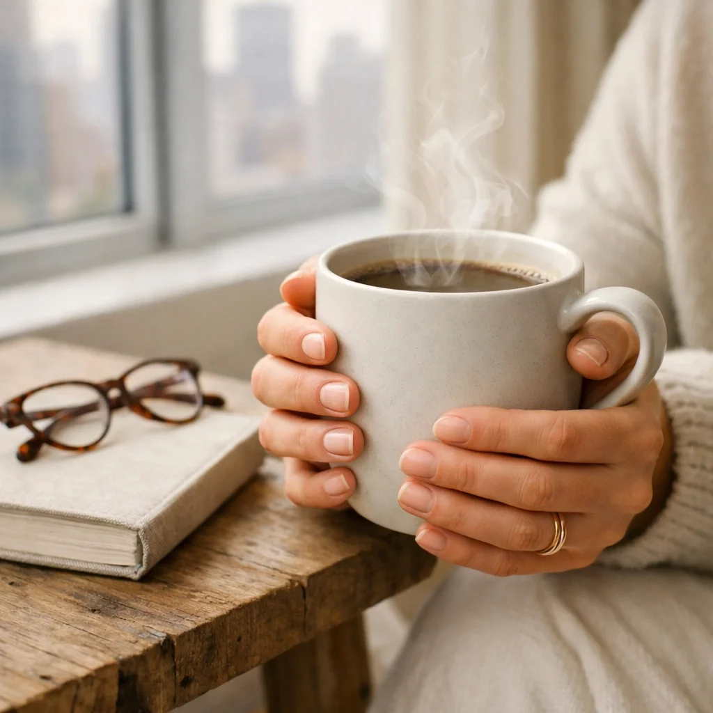 Close-up of an NYC mom holding a warm drink during a moment of self-care and post-adoption support