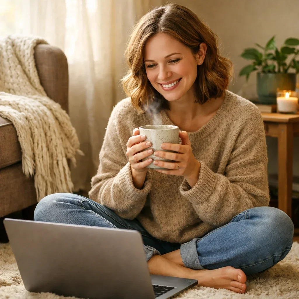 A woman smiling calmly while using her laptop, showing the ease of virtual therapy for busy mothers