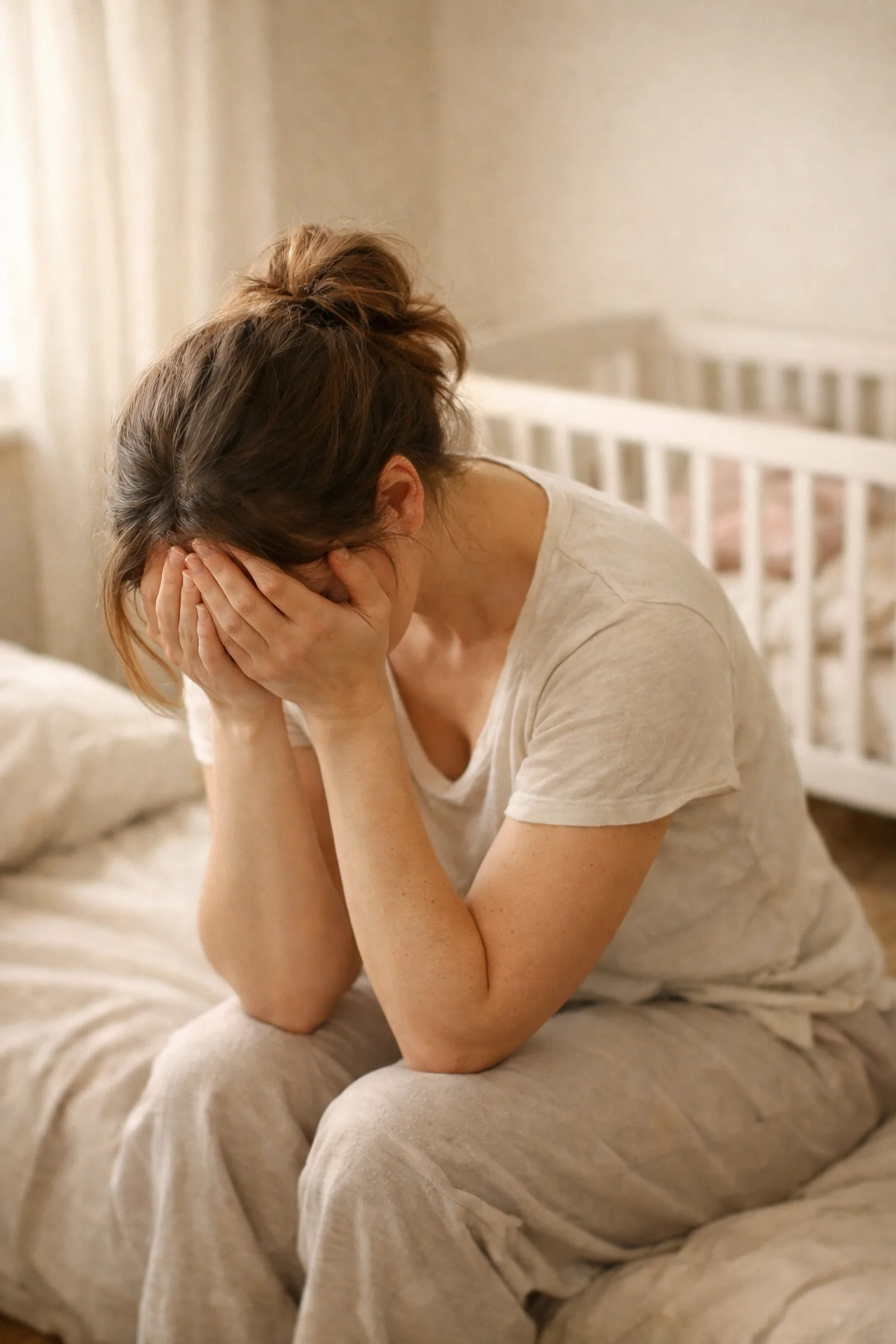 Exhausted new mother experiencing postpartum anxiety symptoms while sitting near baby crib in NYC.