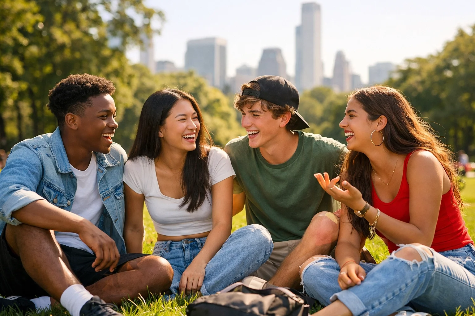 A diverse group of happy teenagers hanging out in a park, representing the 85% of adopted children who thrive according to research