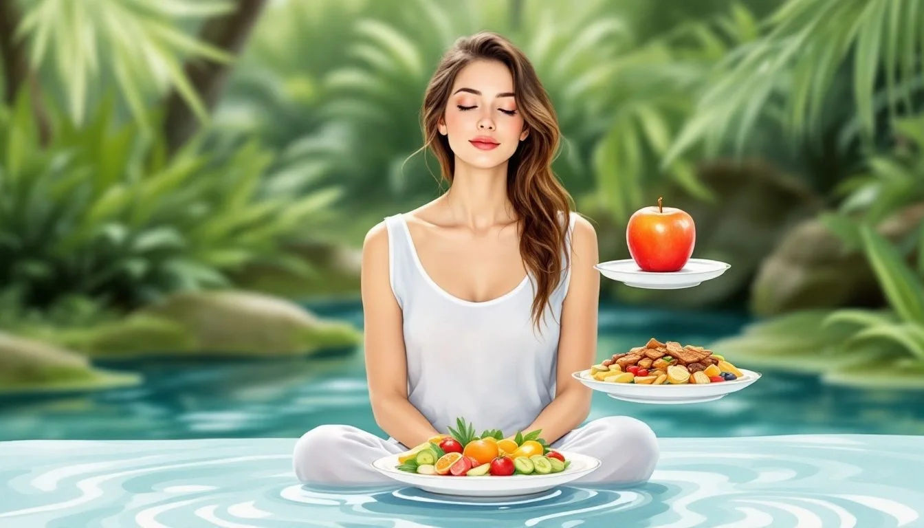 A depiction of transforming eating patterns through hypnotherapy. Hypnosis for overeating.
