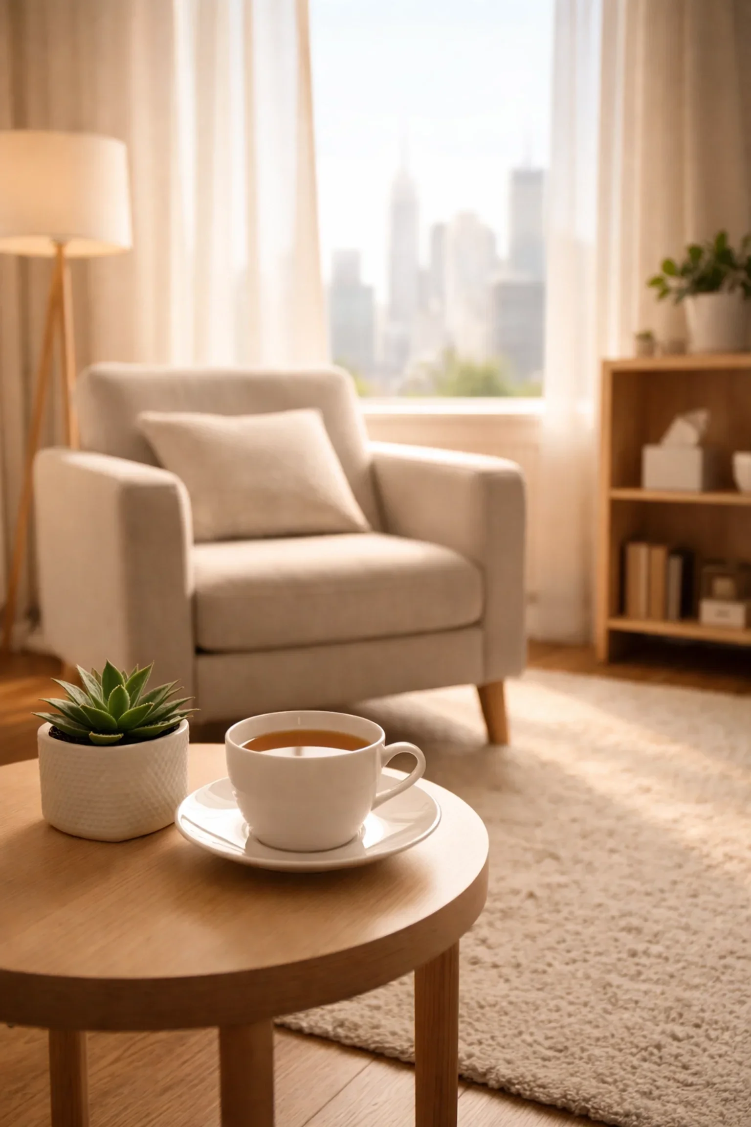 A professional and calming NYC therapy office designed for evidence-based clinical hypnosis sessions to treat anxiety and stress.