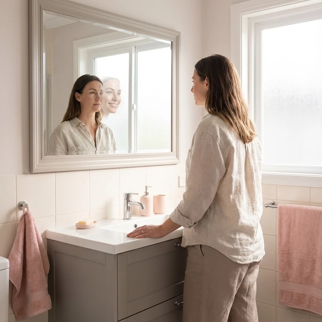 A woman looking in a bathroom mirror seeing two faces, symbolizing the experience of social masking before an adult autism evaluation in NYC.