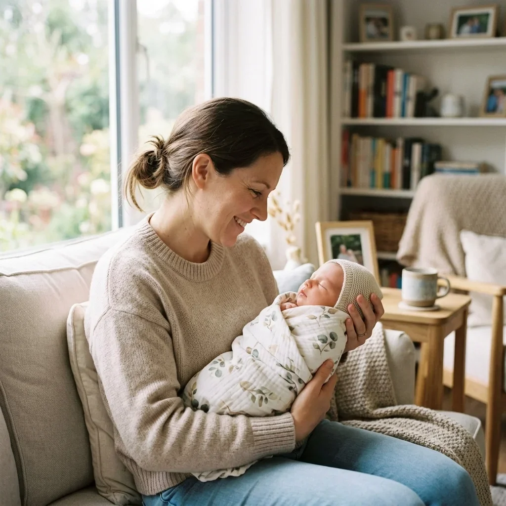 Modern Manhattan skyline view through a window, representing peaceful online adoption therapy for NYC moms