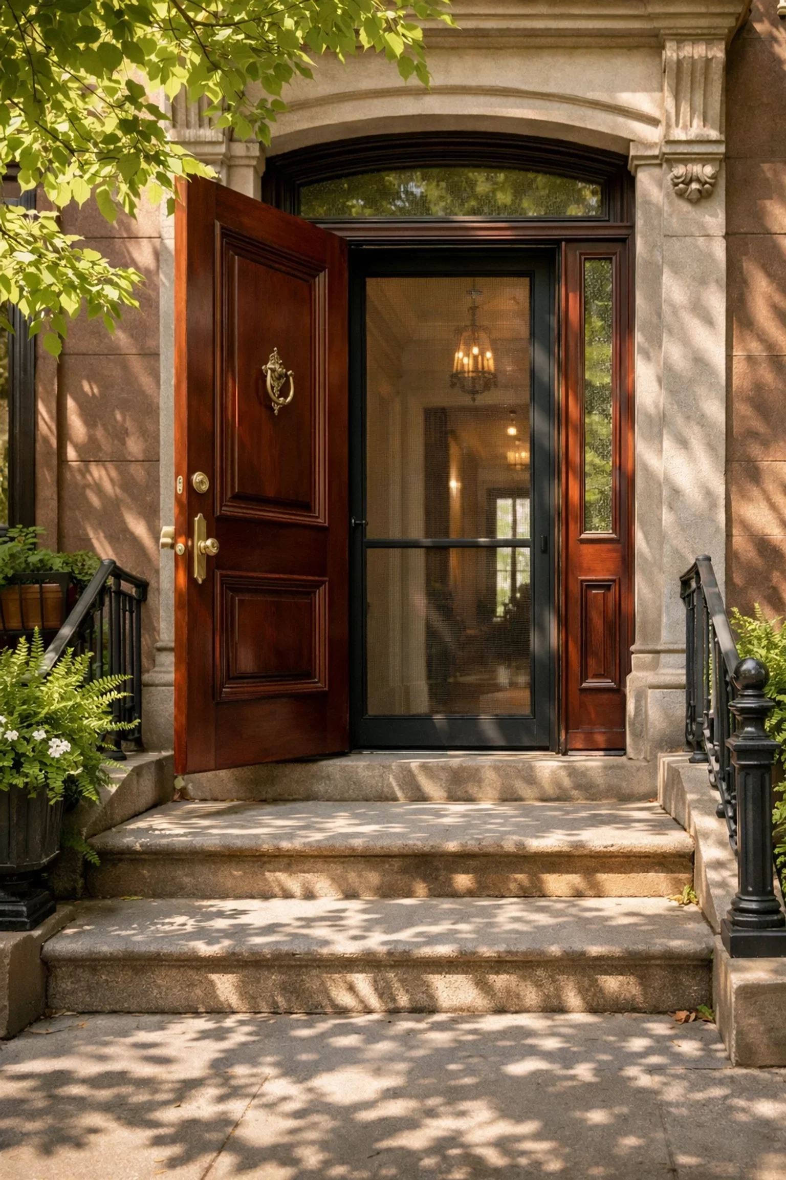 A Manhattan brownstone screen door symbolizing healthy open adoption boundaries and adoption therapy in NYC