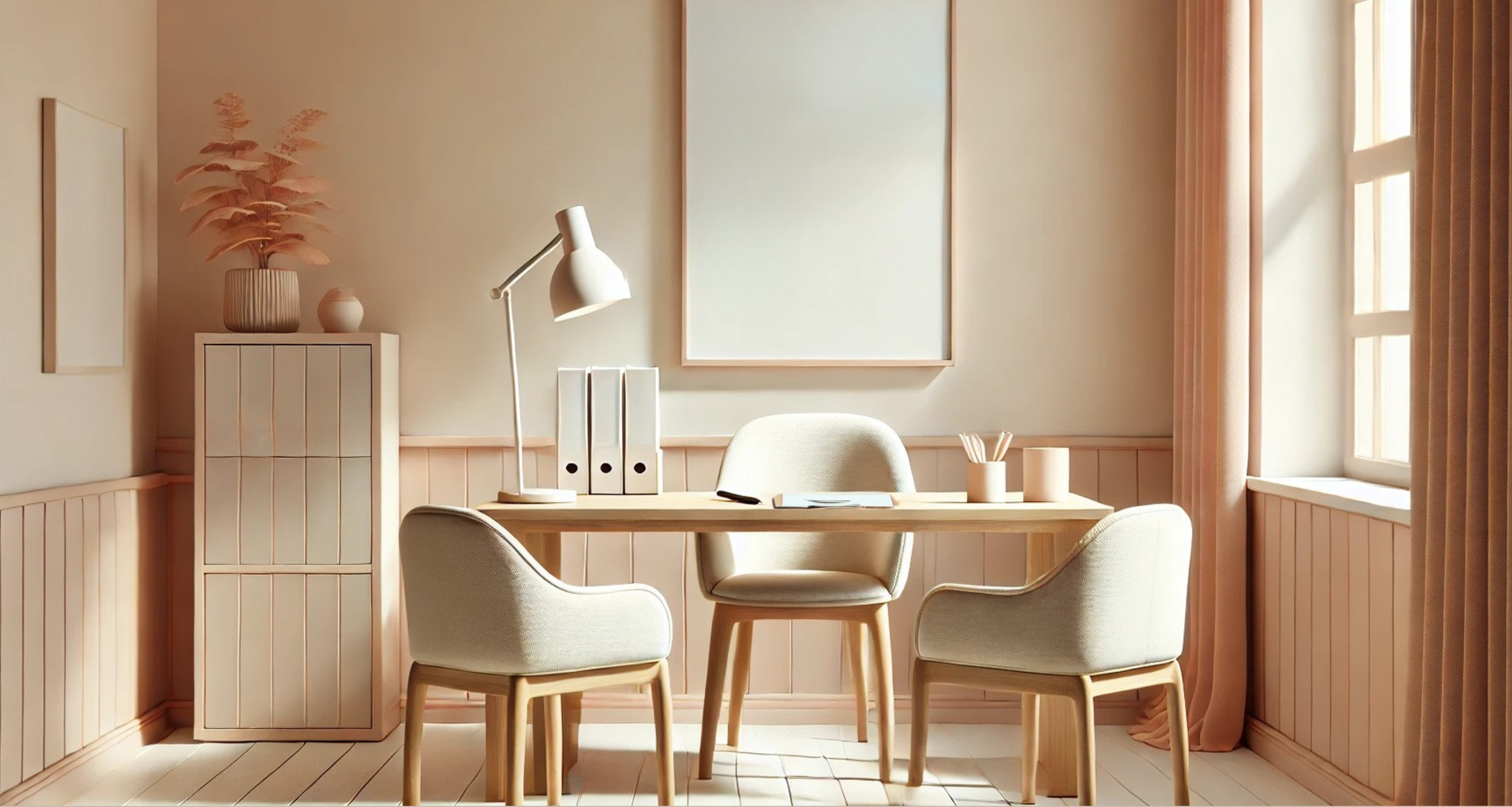 Private feedback and psychoeducation space with two patient chairs and a clinician’s desk in soft, calming tones