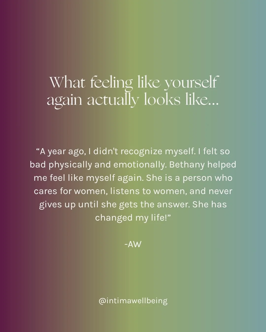 You deserve to feel like YOU again.

Not a lesser version. Not "fine for your age." YOU.

This patient came to us feeling unrecognizable to herself. Today? She has her life back.

That's the Intima difference. We listen, we dig deeper, and 