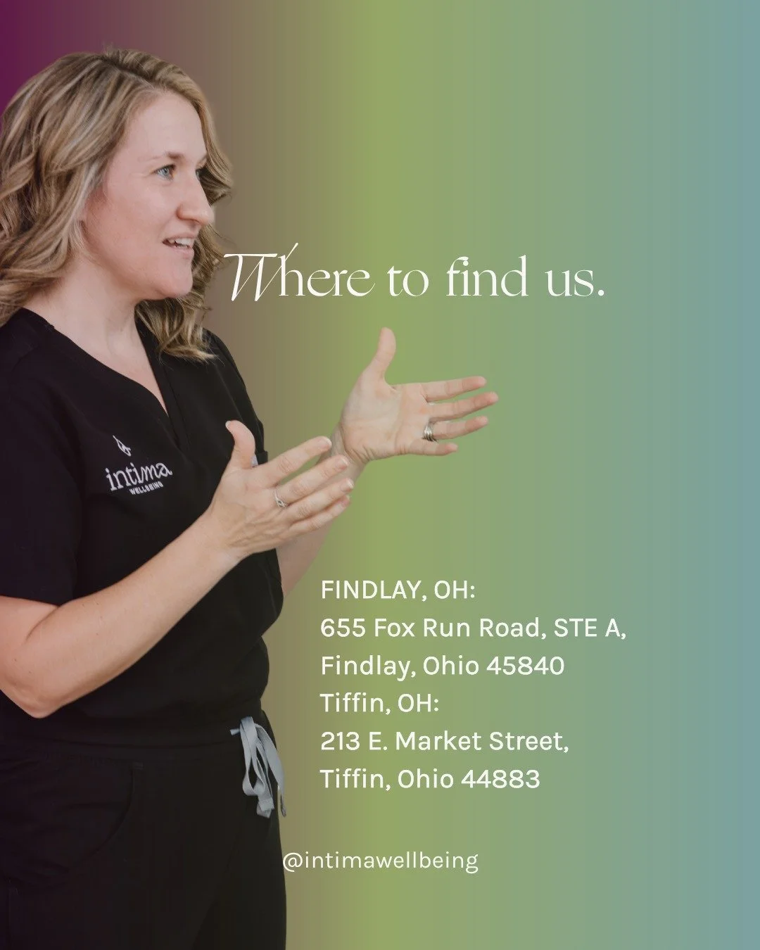 Two locations, one mission: helping you feel your best. 

Whether you're closer to Findlay or Tiffin, Intima Wellbeing is here for you.

📍 Findlay, OH: 655 Fox Run Road, STE A, Findlay, Ohio 45840
📍 Tiffin, OH: 213 E. Market Street, Tiffin, Ohio 44