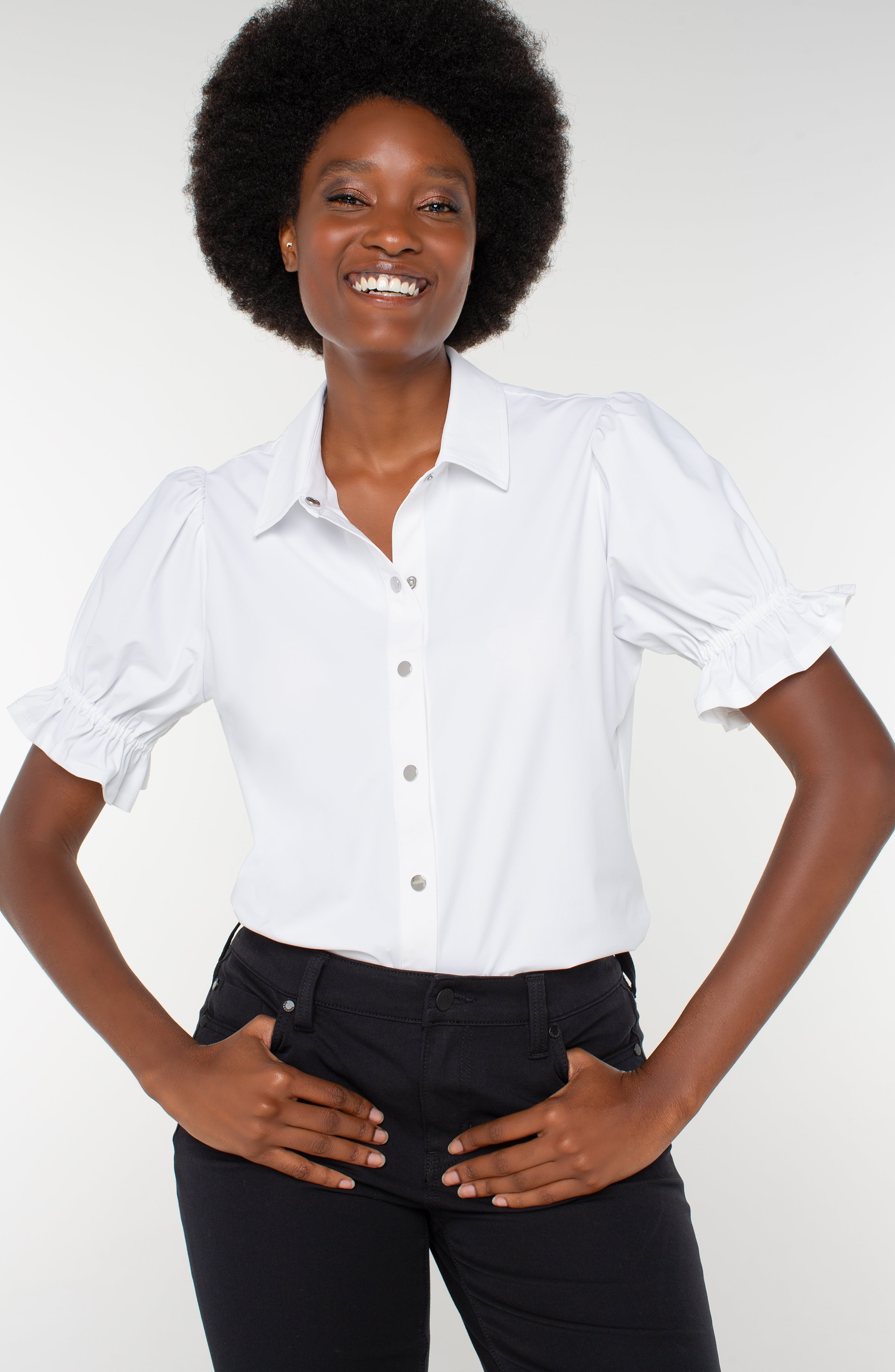 LIVERPOOL BUTTON-DOWN PUFFY SLEEVE TOP