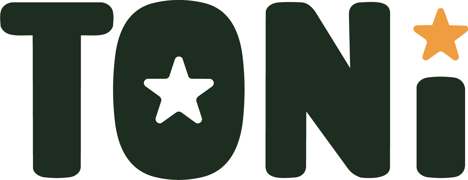 The word 'TONI' written in large black letters with two orange stars, one near the letter 'I' and another inside the letter 'O'.