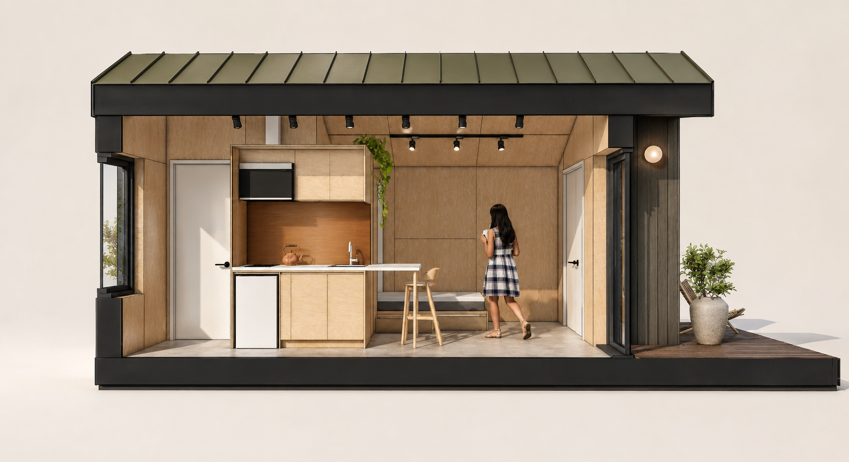 SML House render section showing the white oak clad interior- small option