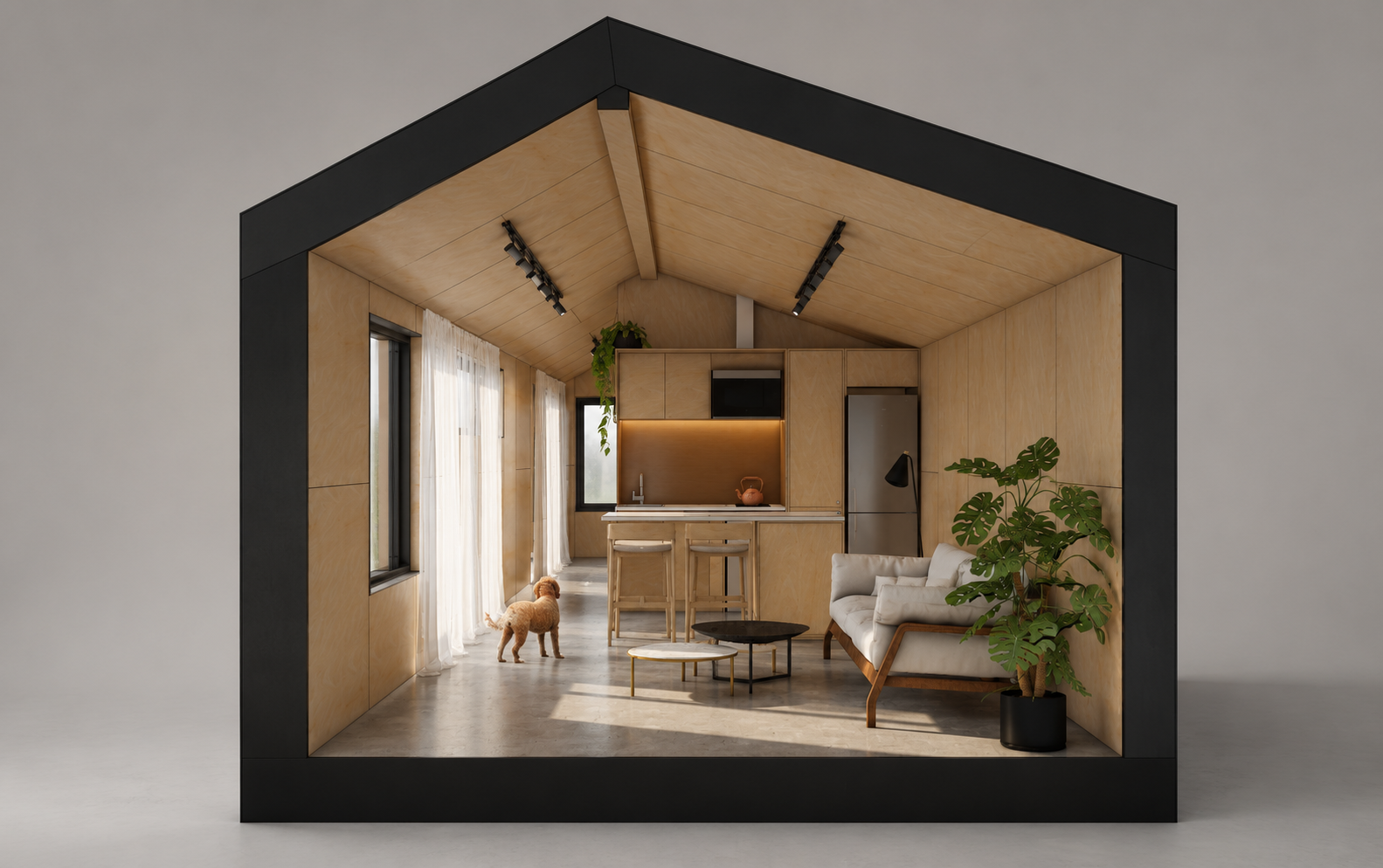 A section view of a modern, cozy tiny home interior with wood-paneled walls and ceiling, featuring a kitchen area with bar stools, a small sofa, indoor plants, and large windows with white curtains, and a small dog.