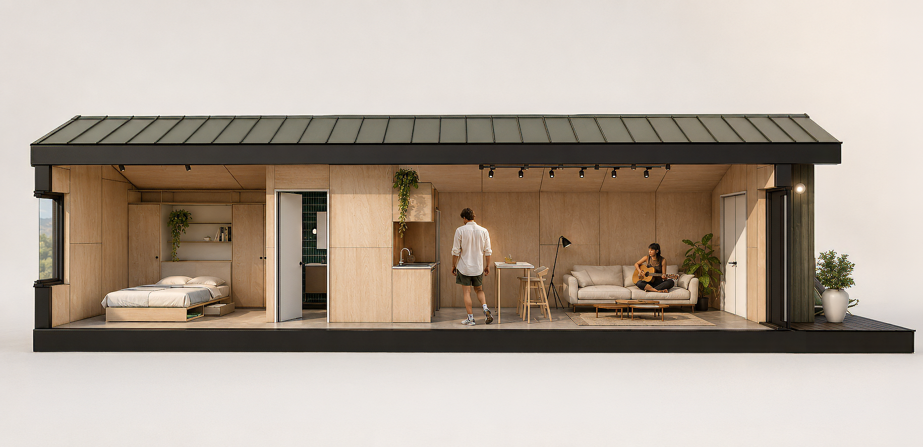 Cross-section of a modern tiny house with a bedroom, kitchen, and living area, featuring minimalistic furniture, plants, and two people, one playing guitar and the other walking inside.