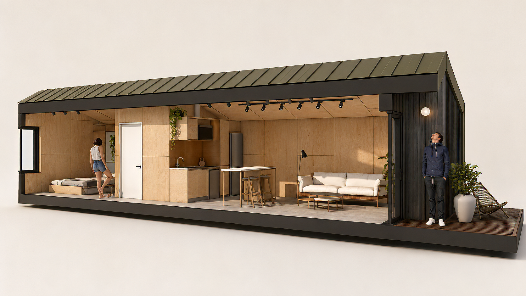 Cross-section of a modern tiny house interior with a sleeping area, kitchen, dining table, living room, and small outdoor deck with plants and a chair, showing two people inside.