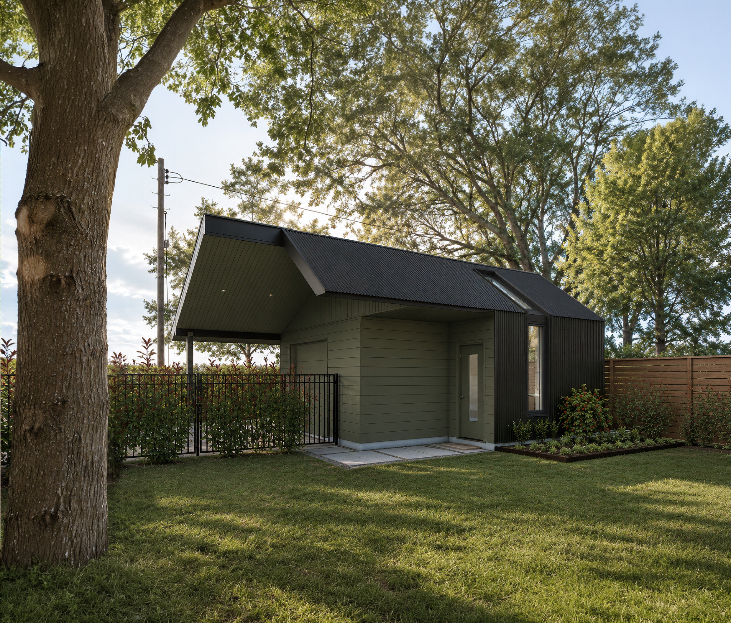 A modern house with a black metal roof and light green exterior, surrounded by a lawn and garden. Tall trees and a utility pole are visible in the background under a clear sky.