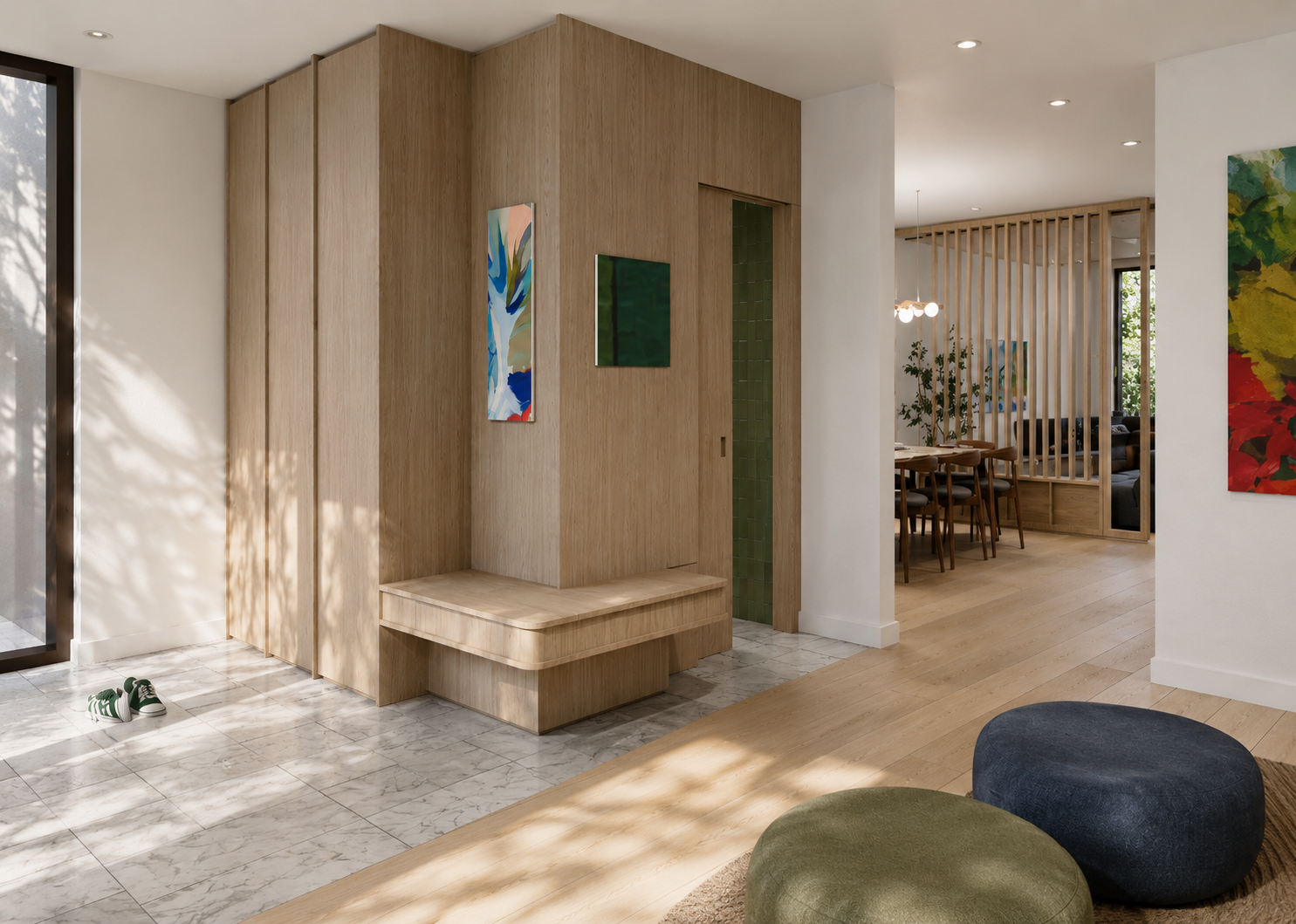 Gallery House by These Architects entrance closet/bench/powder room millwork