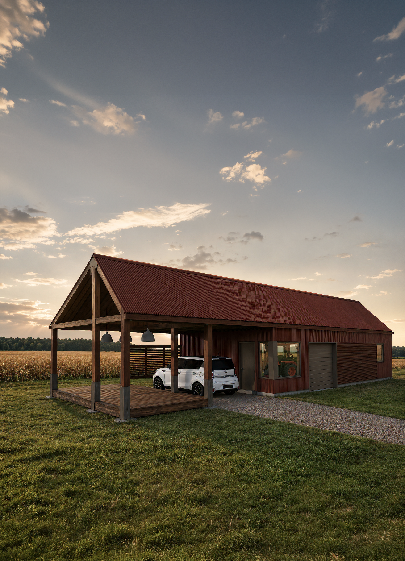 A farm-style building with a red metal roof, a small porch, a white car parked underneath, in a grassy field with a large open sky and clouds overhead at sunset.