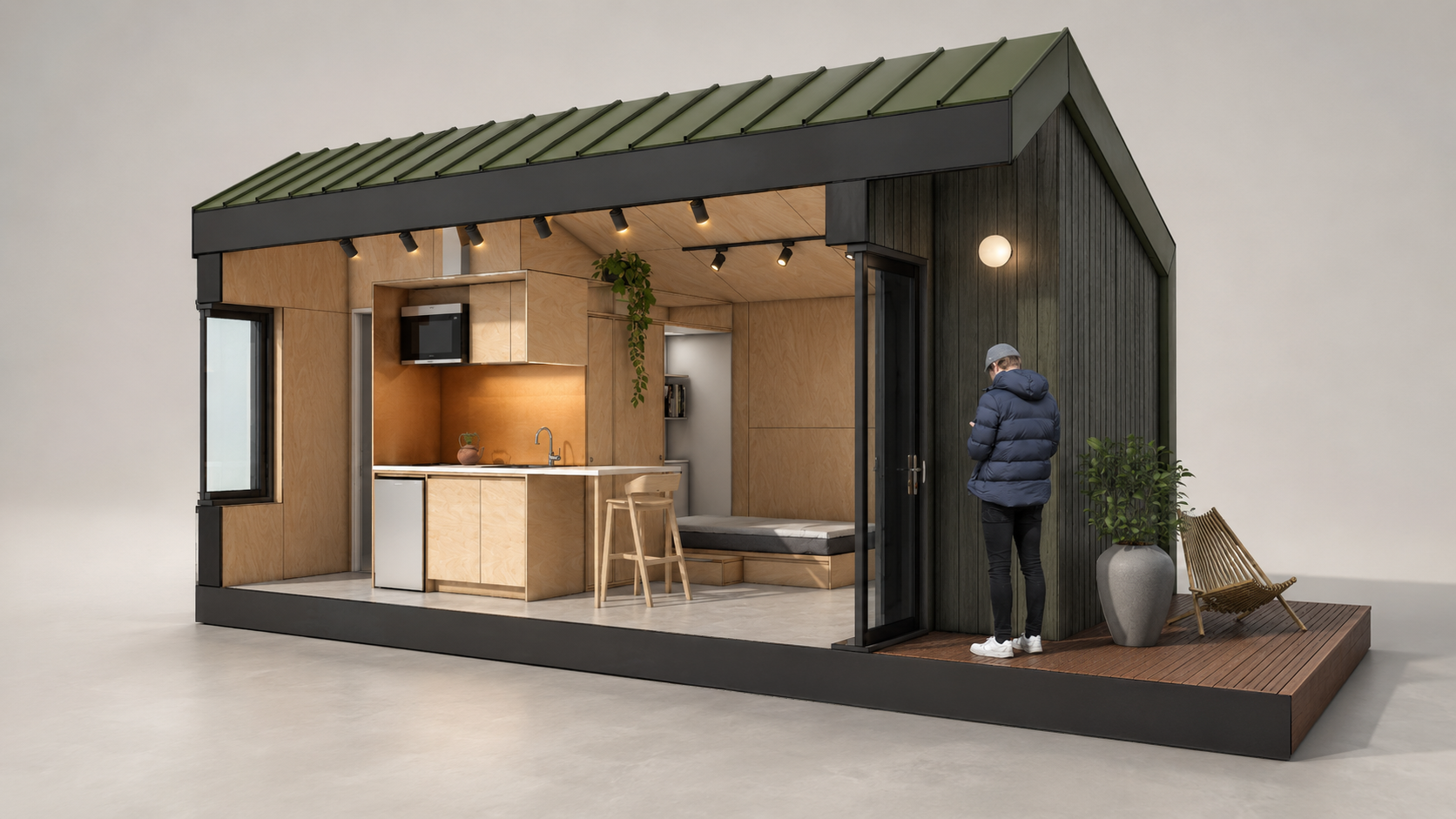 SML House render section showing the white oak clad interior- small option
