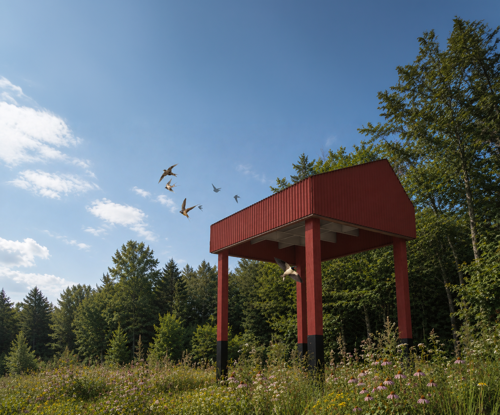 A red bird feeder with a roof, rising above green trees and colorful wildflowers, under a bright blue sky with clouds, and birds flying around.