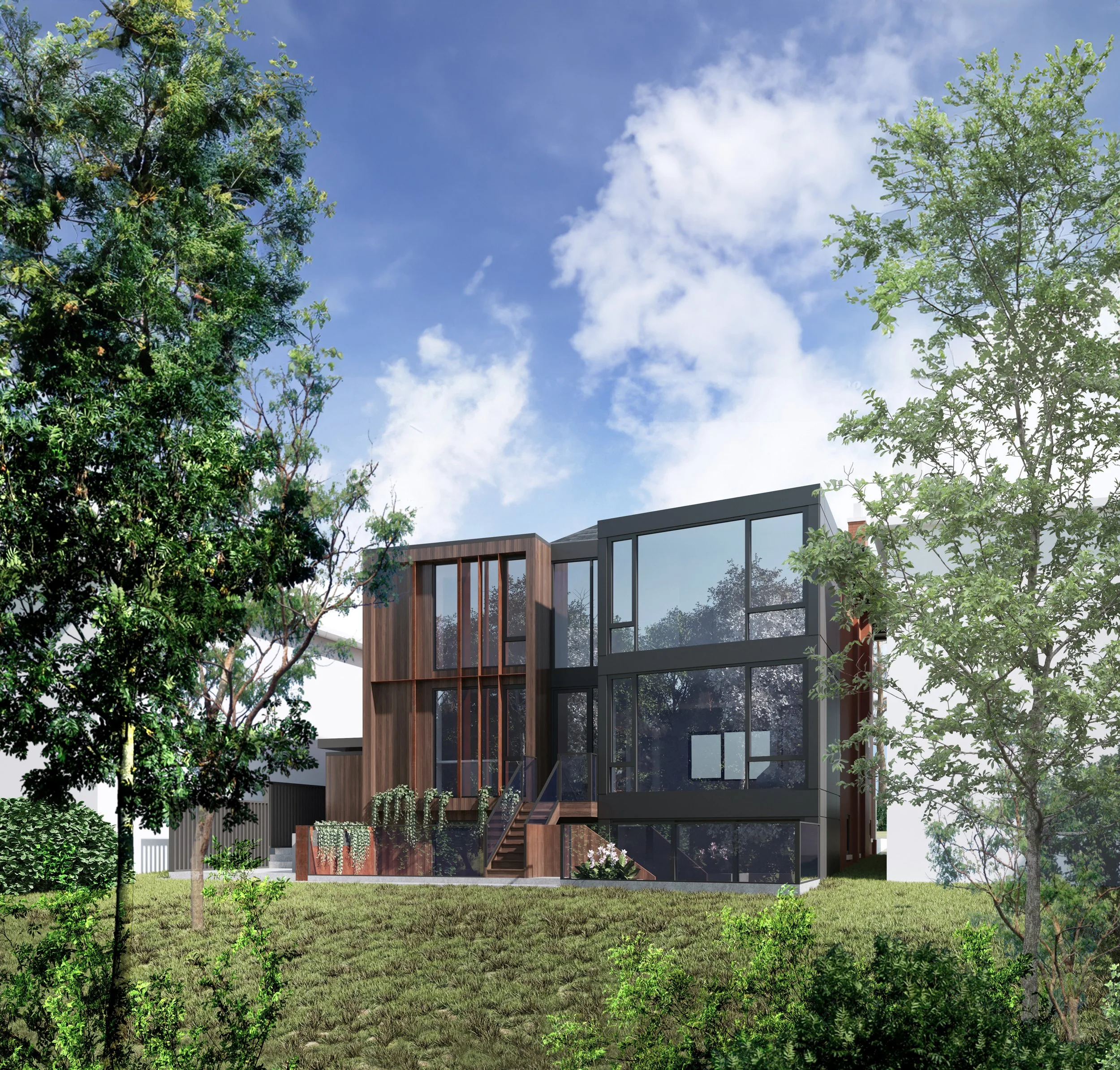 House on a Ravine by These Architects is seen through the forested ravine