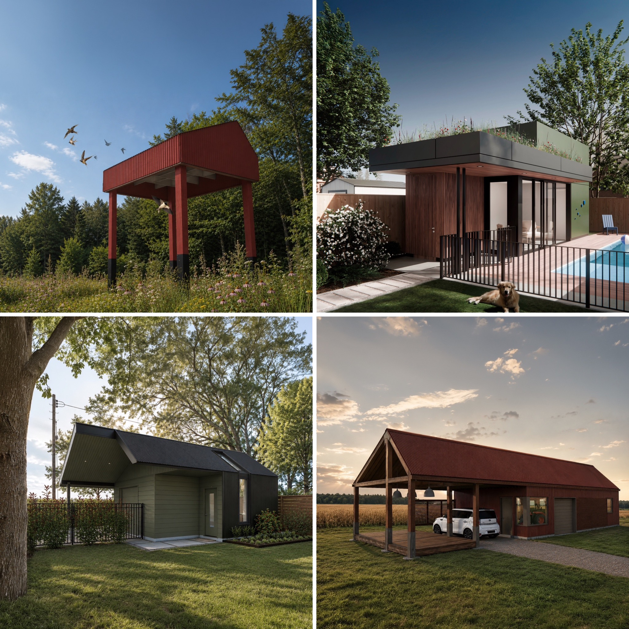 Comparison of two images showing different houses and outdoor settings. The left side displays a modern, small green house with a metal roof next to a large tree, with a garden and a clear sky. The right side shows a wooden house with a deck, a fenced yard with a dog, a pool, and a sunset sky.