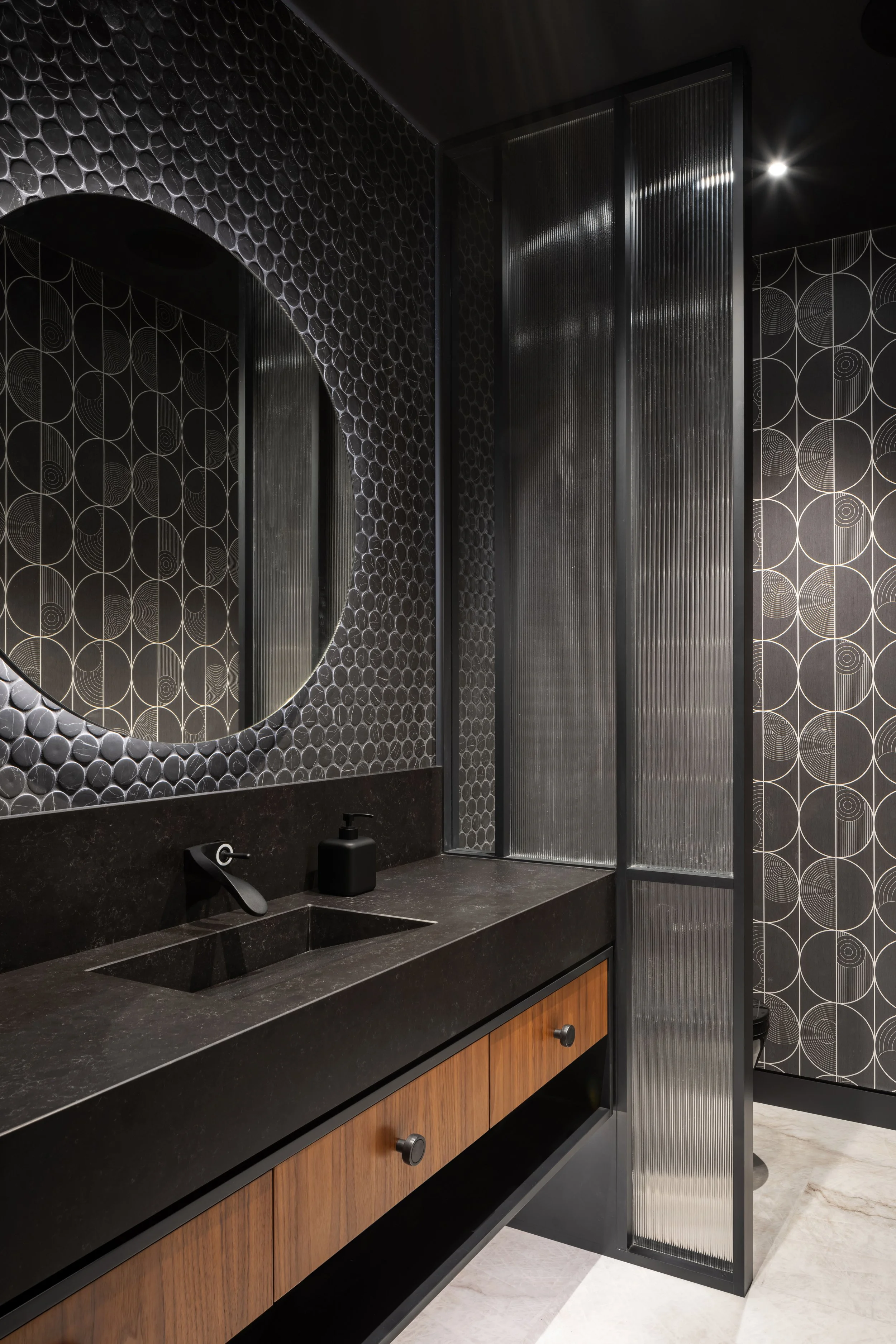 House in the Hill custom powder room in black by These Architects