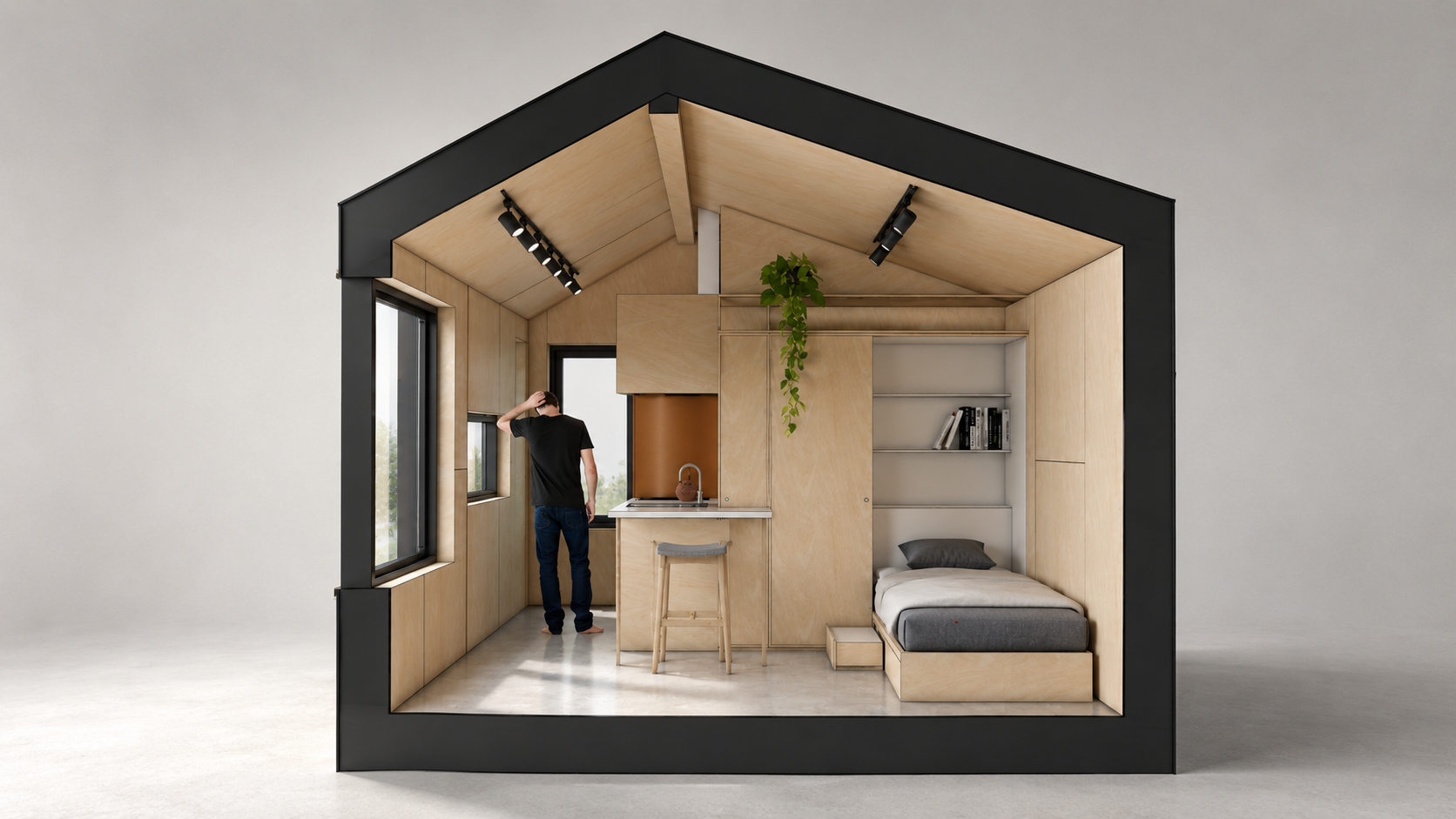 SML House render section showing the white oak clad interior- small option