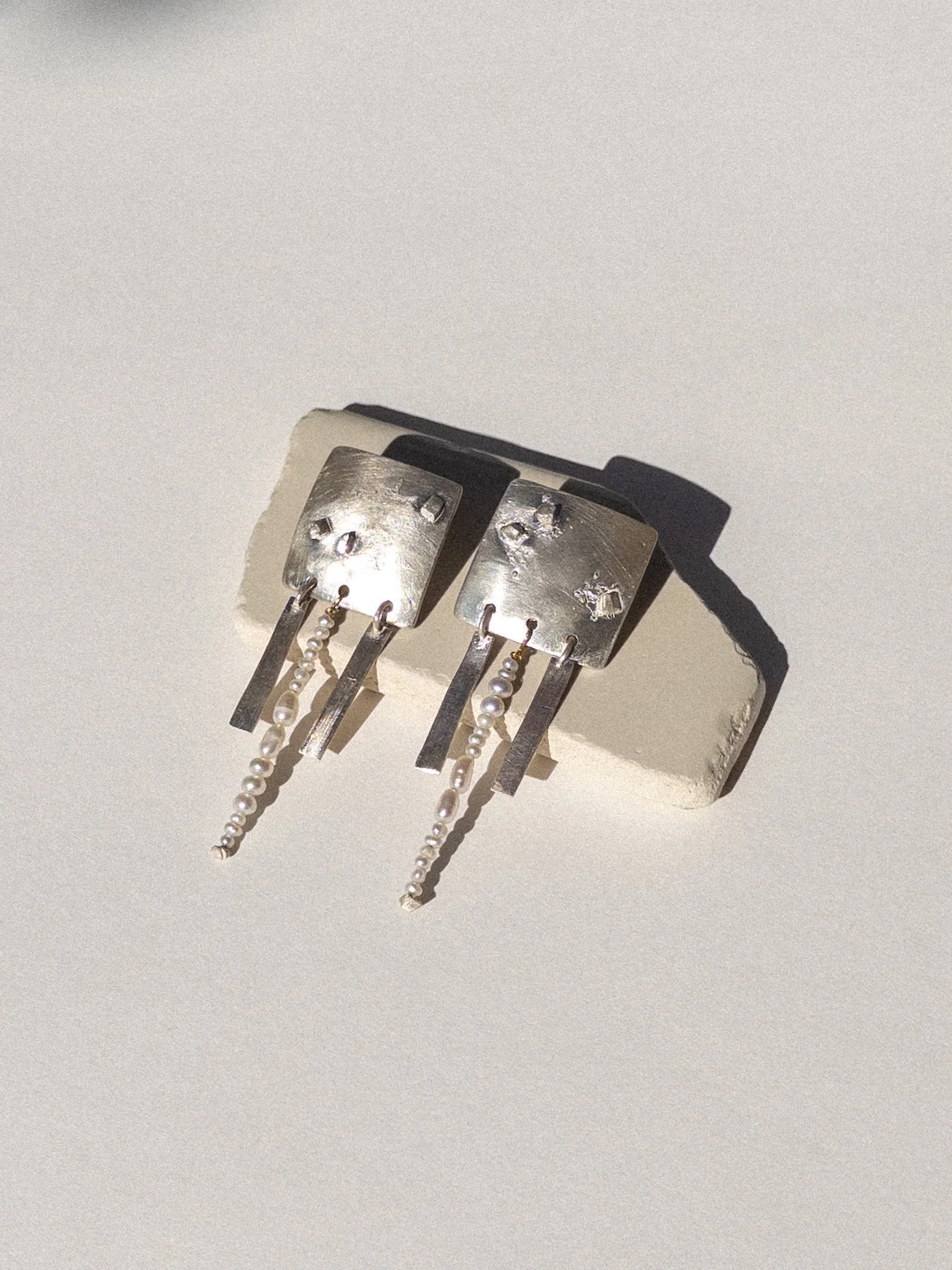 silver square + pearl stud earrings