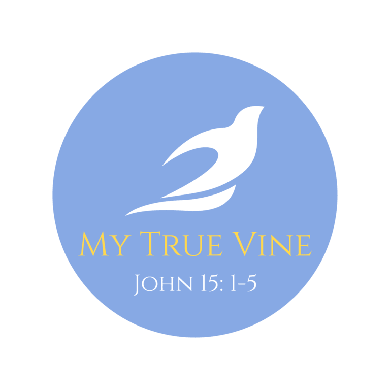 Logo with white bird silhouette on blue background and text 'My True Vine, John 15:1-5'
