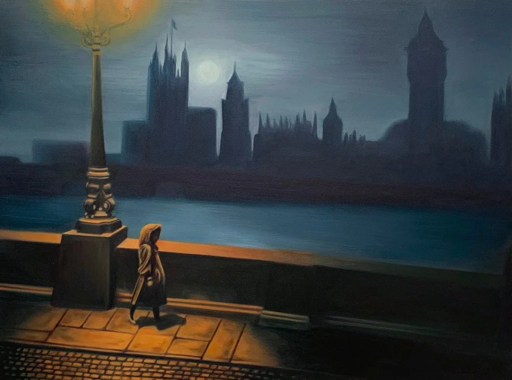 Painting of a woman standing under a streetlamp by a river at night