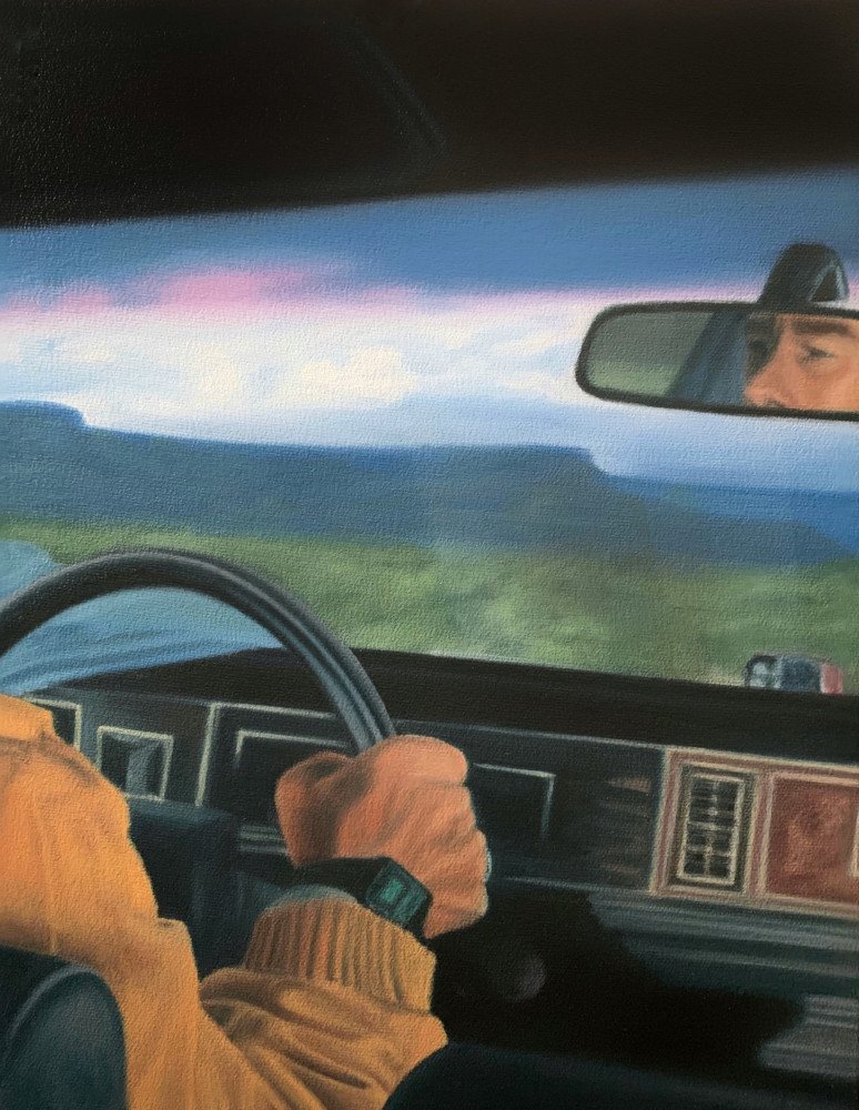 Painting of a man driving a car from the perspective of the backseat passenger side, looking forward to a large field and mountains