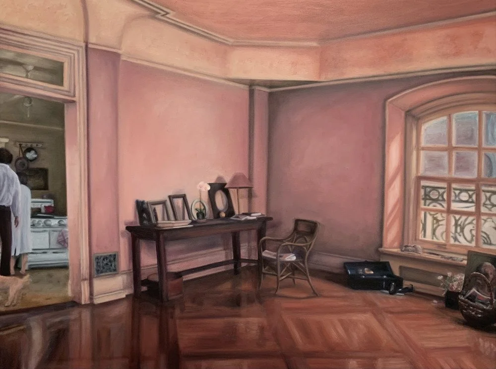 A painting of an apartment with a bright window, a desk with empty photo frames, a doorway into the kitchen where two people stand
